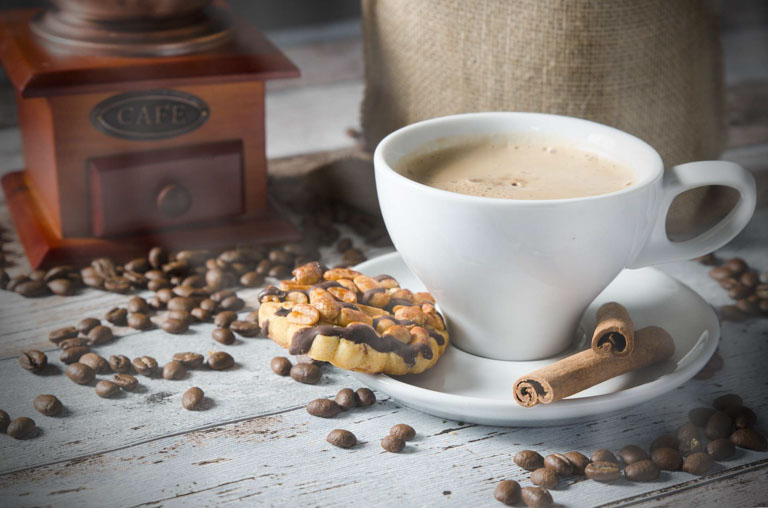 Photo ID: C01. Coffee, roasted beans, mill grinder and cookie with nuts on wooden background