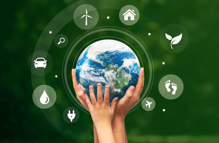 Photo ID: C10. Ecology concept with hands holding earth globe, flying eco icons