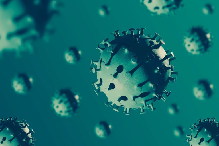 Photo ID: H12. Coronavirus 3D render, Virus microscope view.