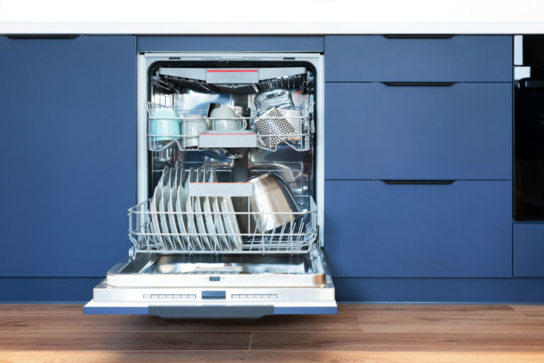 Photo ID: T15. Dishwasher in modern kitchen. Perfectly washing dishes